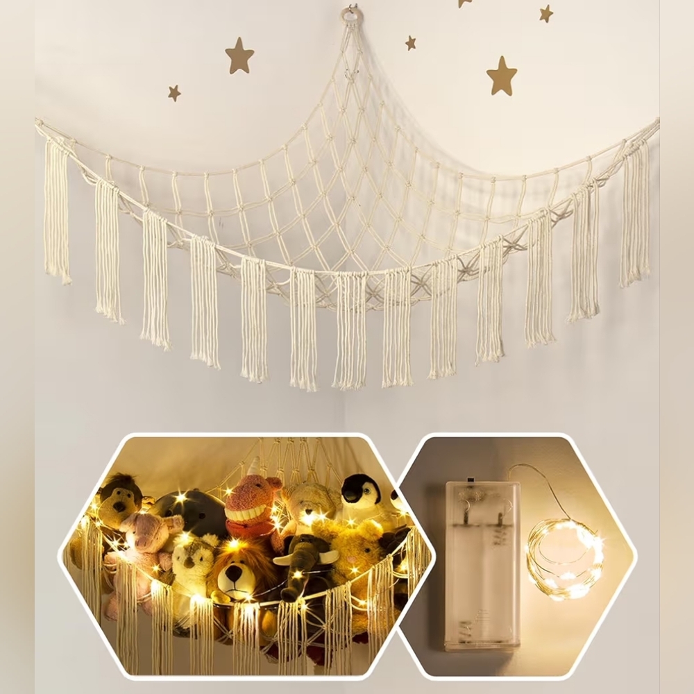 Cream Macrame Hanging Storage with LED Lights